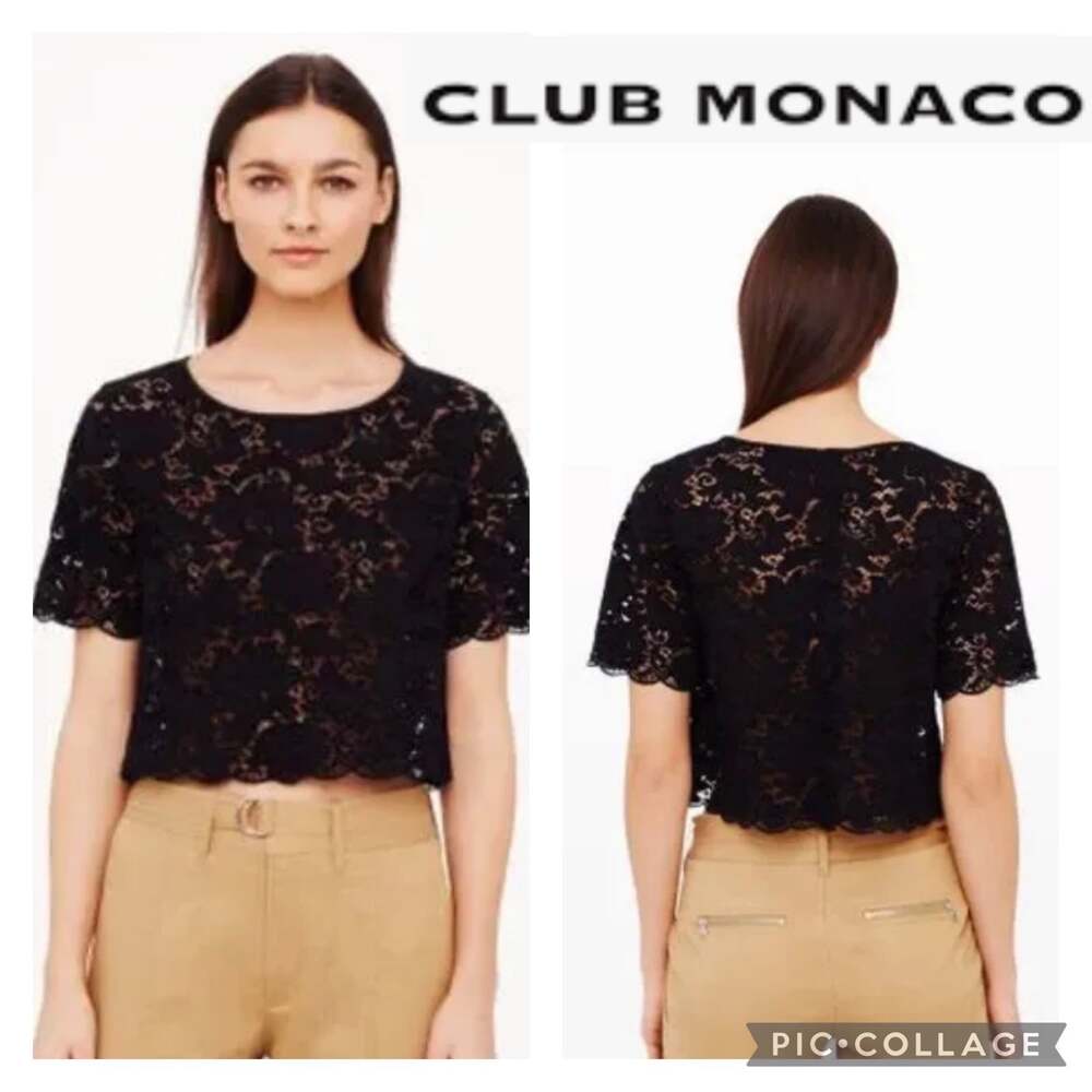 Club Monaco Black Lace Cropped Top scalloped hems back button closing size small